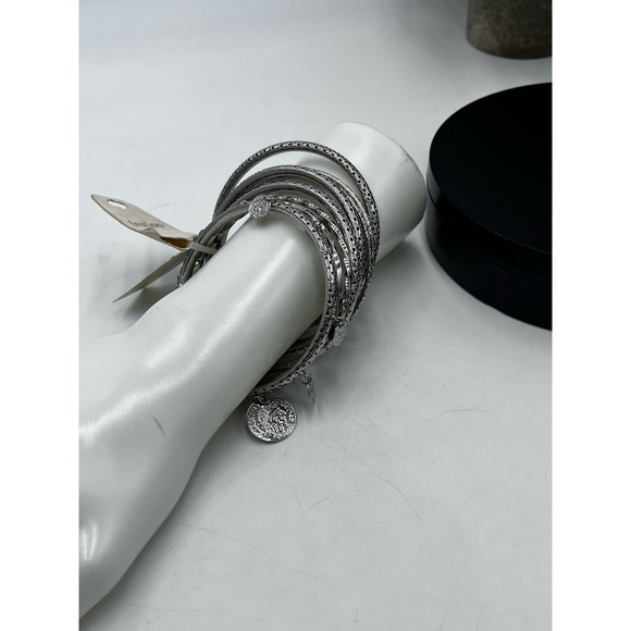 Erica Lyons Designer Silver Tone Coin Charm Bangle Set New - Picture 6 of 7